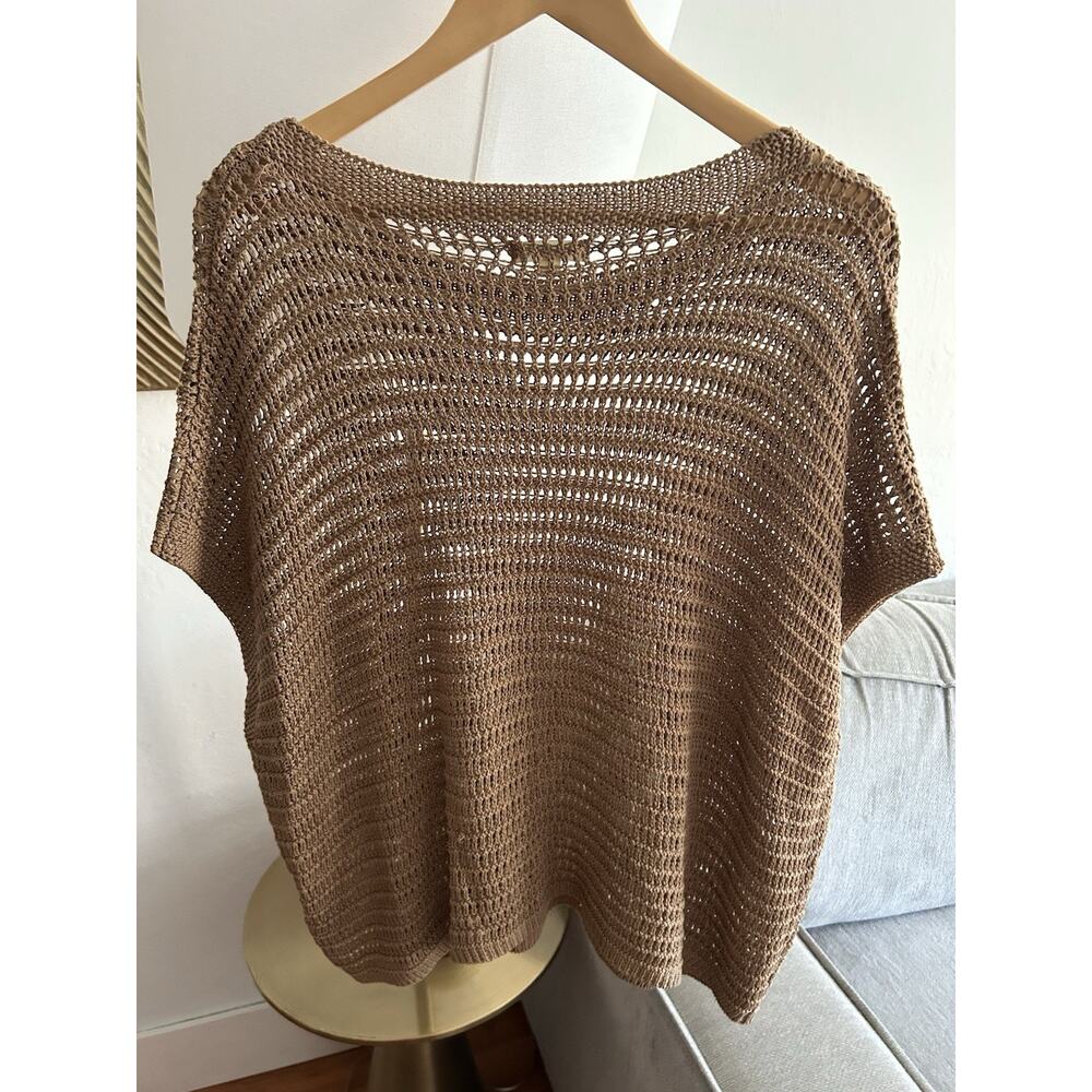 Crochet Tan Linen Blend Sweater Top L Open Knit Beachy Festival Coachella Boho - Picture 7 of 10